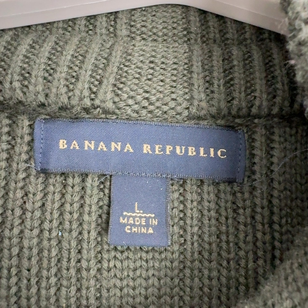 Banana Republic Sweater Men L Green Merino Wool Ribbed Mock Neck Button Military - Picture 3 of 7